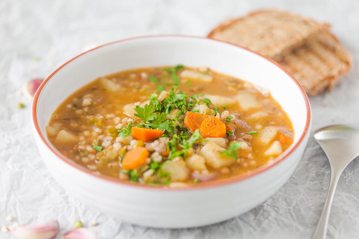 Vegan Barley and Lentil Soup - Vibrant plate