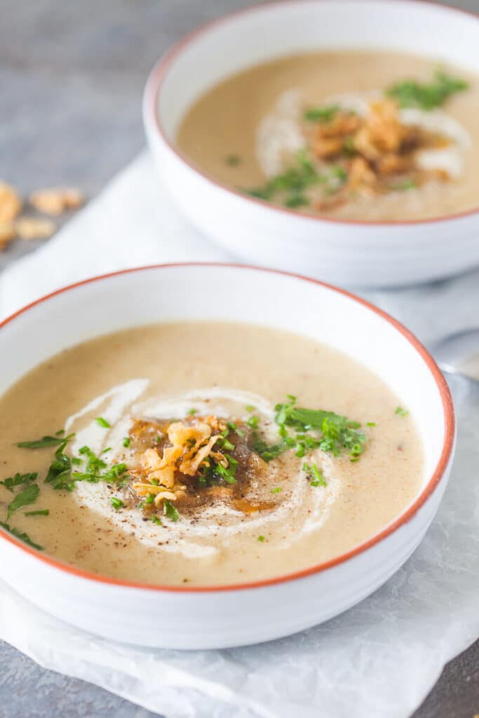 This cauliflower soup is not your regular dish. Using roasted cauliflower and caramelized onions it is a hearty soup for cold days.