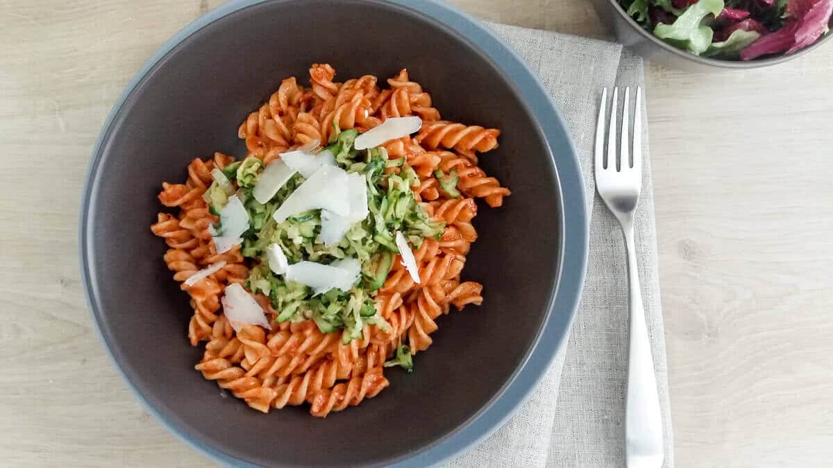 Fusilli with Zucchini in Red Pesto Sauce - Vibrant plate