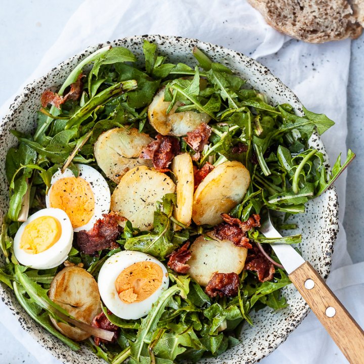 Dandelion Salad with Eggs and Bacon