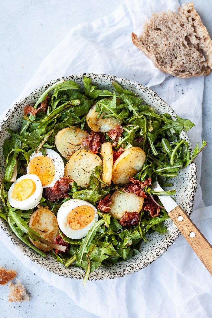 Dandelion Salad with Eggs and Bacon