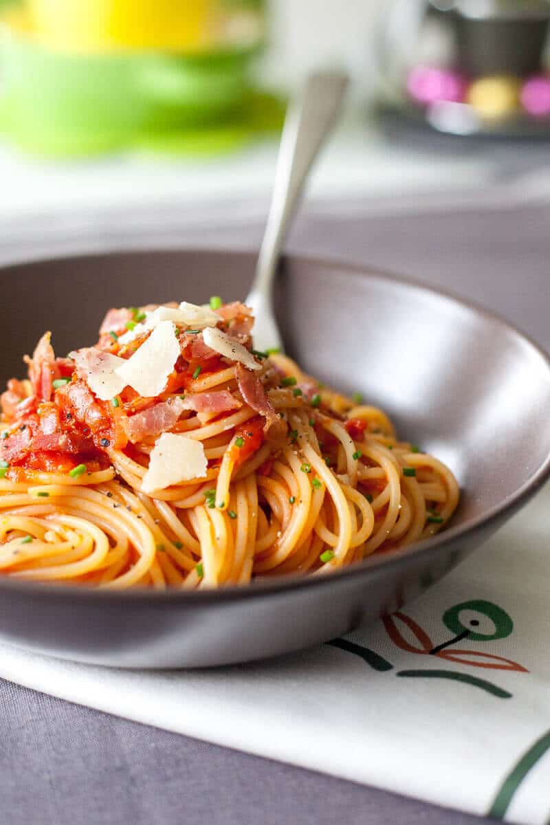 Spaghetti in Tomato Sauce with Bacon - Vibrant plate