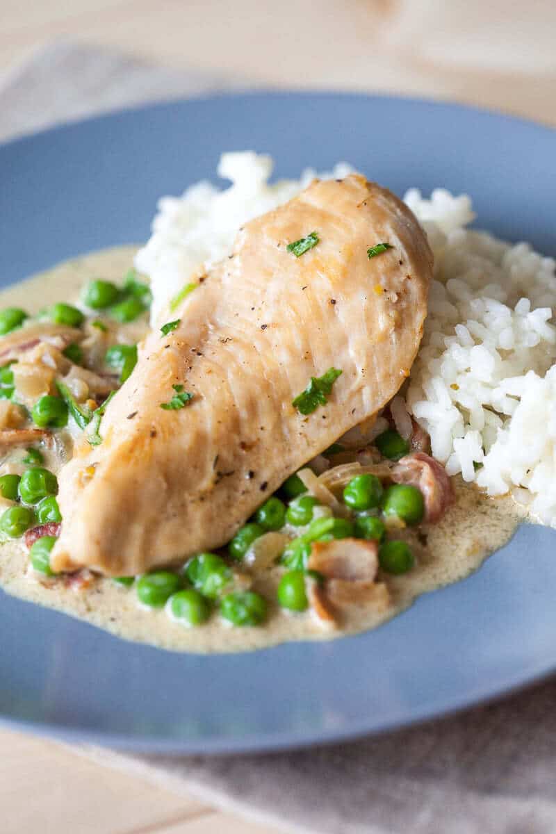 Chicken with Peas and Bacon in Creamy Sauce Vibrant plate