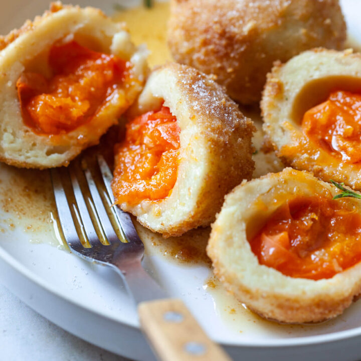 Sweet Apricot Dumplings with Butter Breadcrumbs