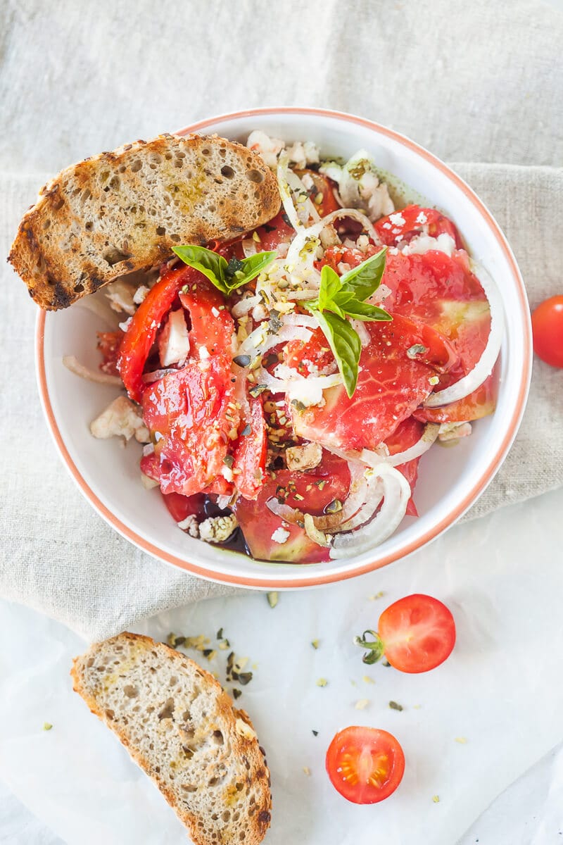 Tomato Salad with Feta Cheese, Onion and Pumpkin Seed Oil | www.vibrantplate.com