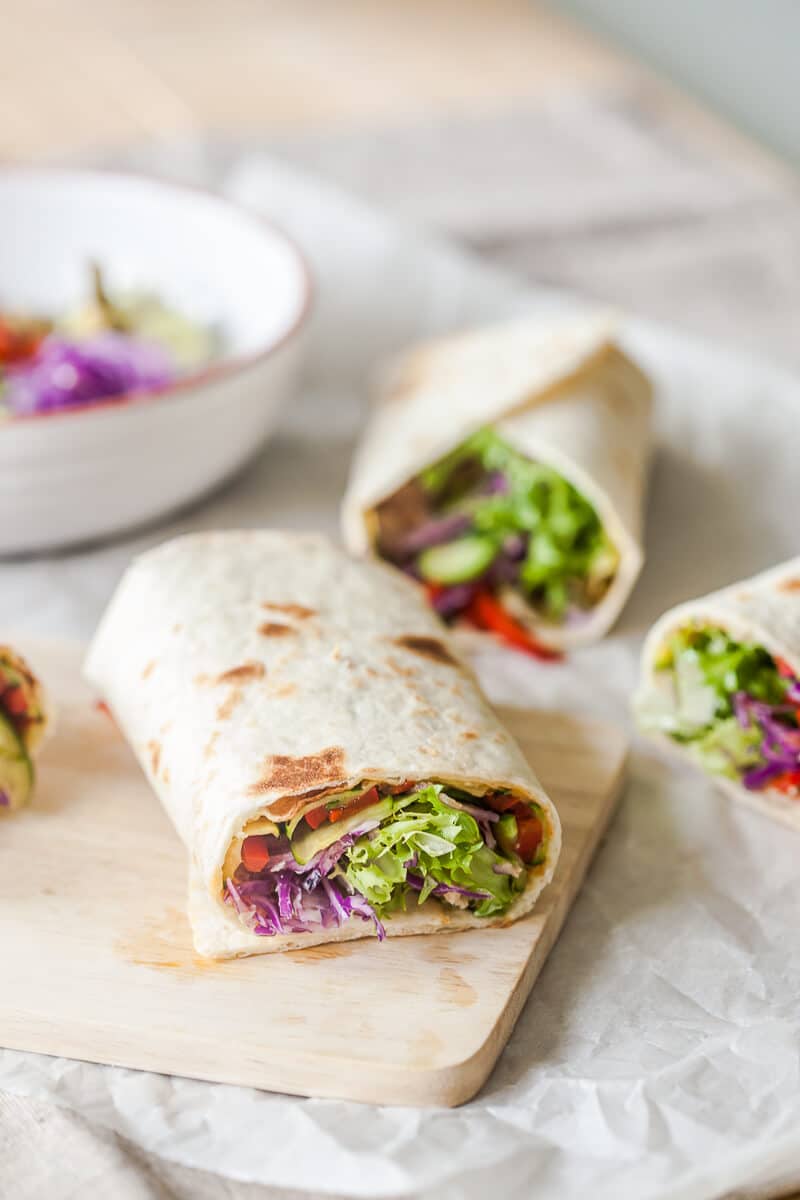 Grilled Veggies Tortilla Wraps with grilled zucchini and peppers, purple cabbage and salad. Super easy to make! | www.vibrantplate.com