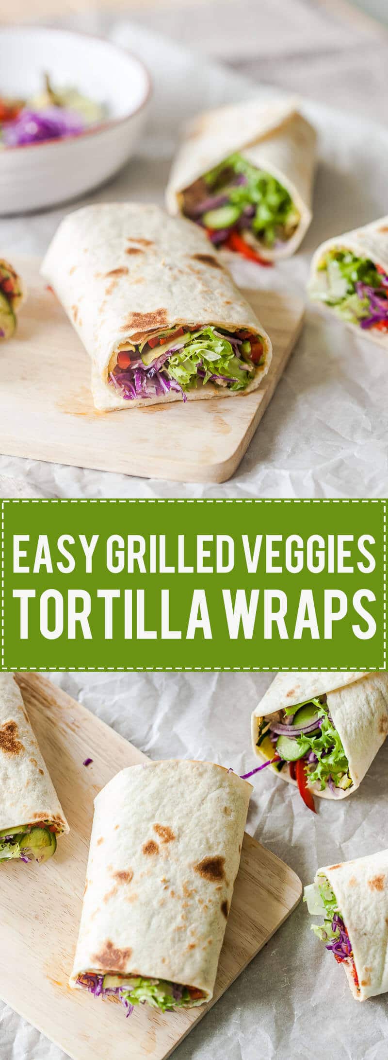 Grilled Veggies Tortilla Wraps with grilled zucchini and peppers, purple cabbage and salad. Super easy to make!