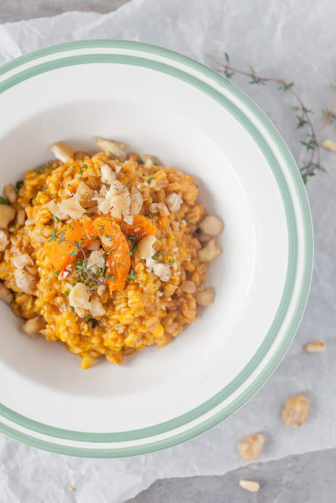 Farro Risotto is a healthier alternative to rice and goes well with fall vegetables. Top with roasted chestnuts for extra flavor! | www.vibrantplate.com