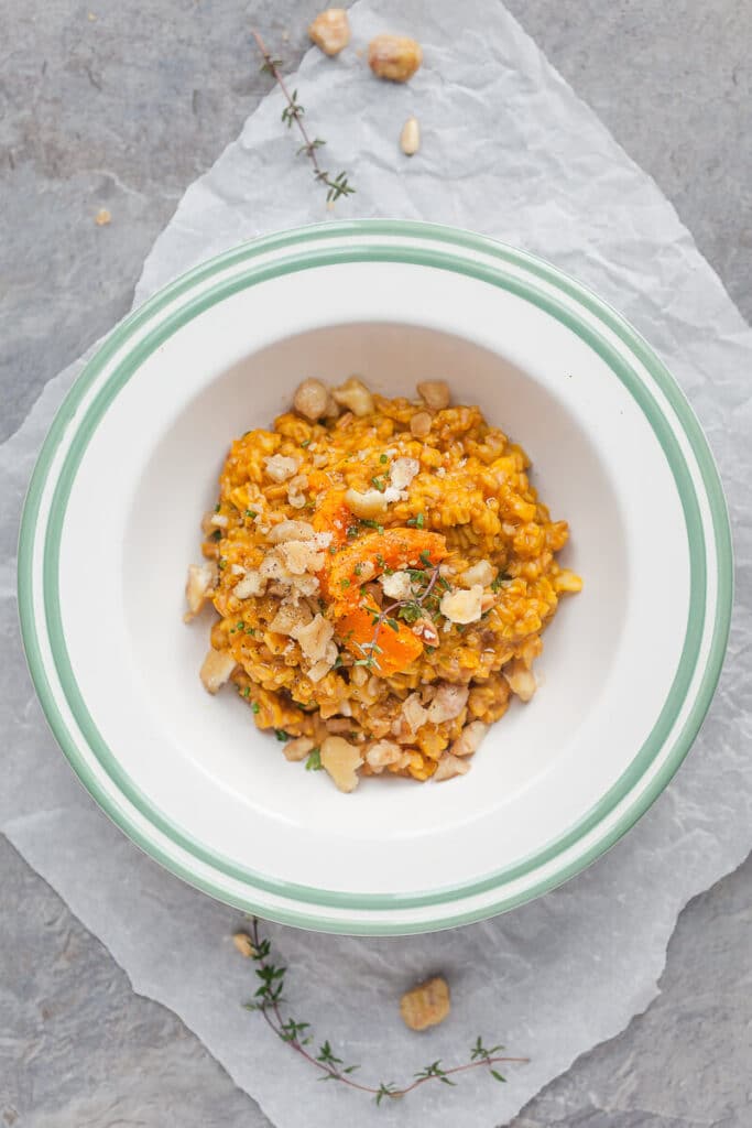 Farro Risotto is a healthier alternative to rice and goes well with fall vegetables. Top with roasted chestnuts for extra flavor! | www.vibrantplate.com