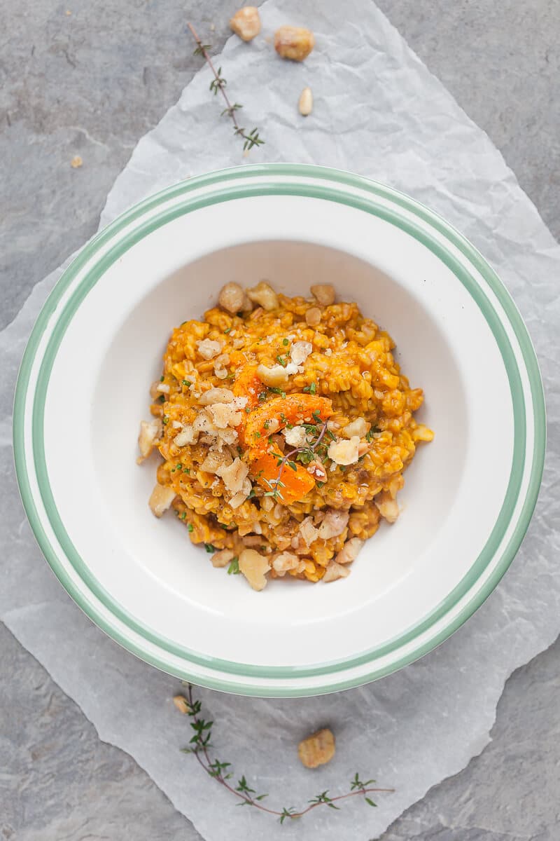 Farro Risotto is a healthier alternative to rice and goes well with fall vegetables. Top with roasted chestnuts for extra flavor! | www.vibrantplate.com