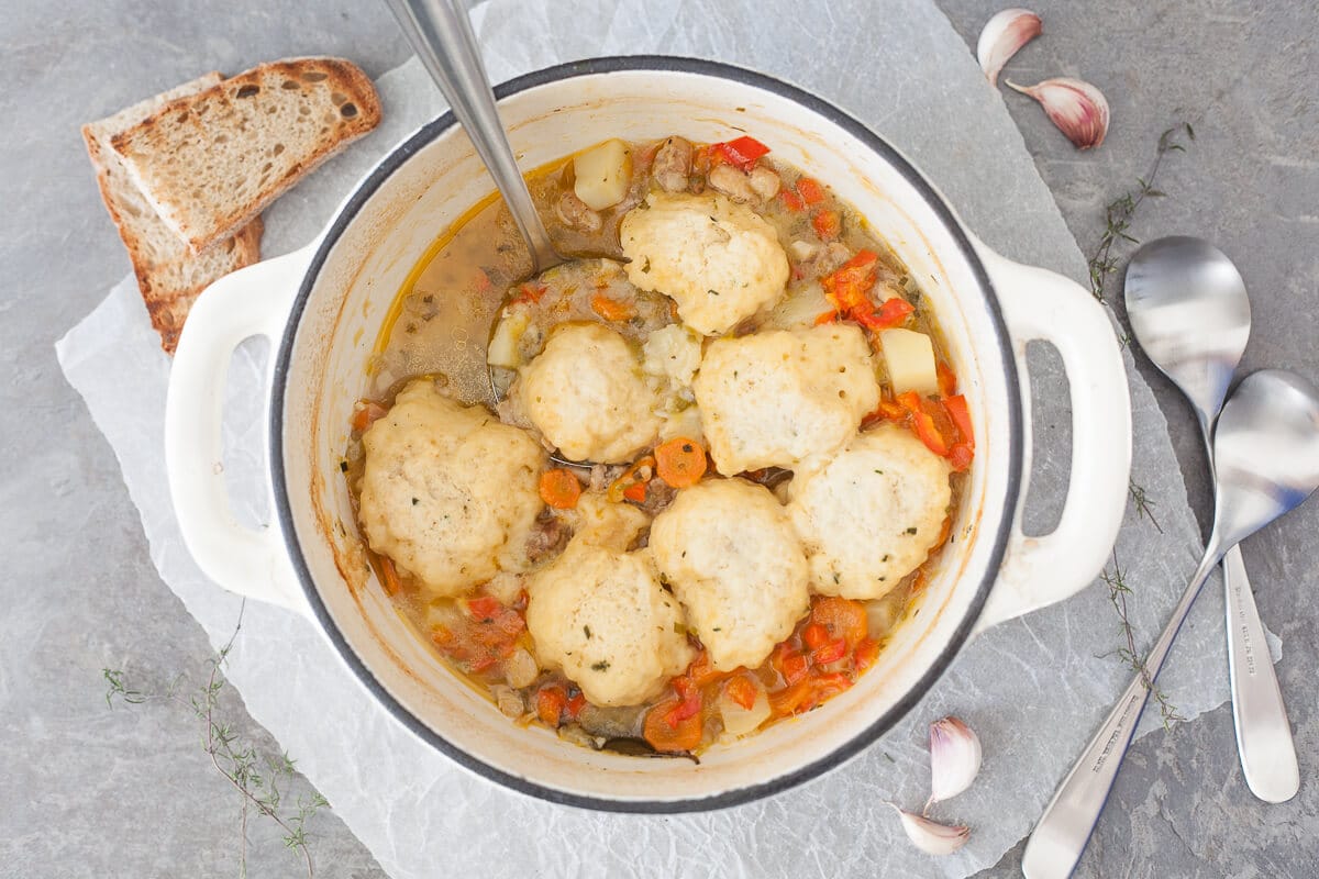 A pot of Chicken Stew with Fluffy Dumplings.