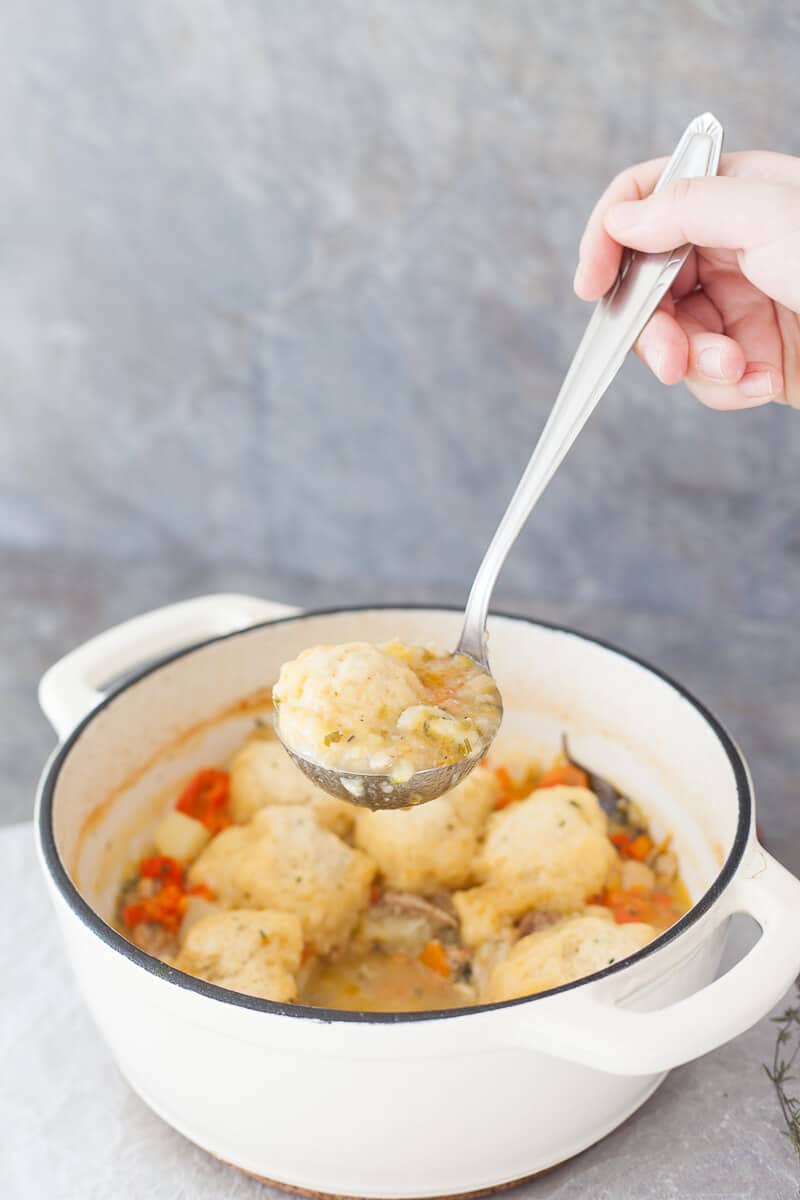 A hand is holding a scoop of Chicken stew above a pot.