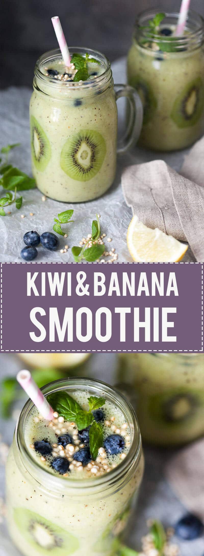 This Kiwi Banana Smoothie with Blueberries looks almost like Spring! Just a couple of minutes and a few ingredients to make.