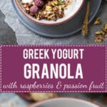 This Raspberry & Passion Fruit Greek Yogurt Granola is simply divine, plus it's fast & easy to make. Perfect breakfast choice! | www.vibrantplate.com