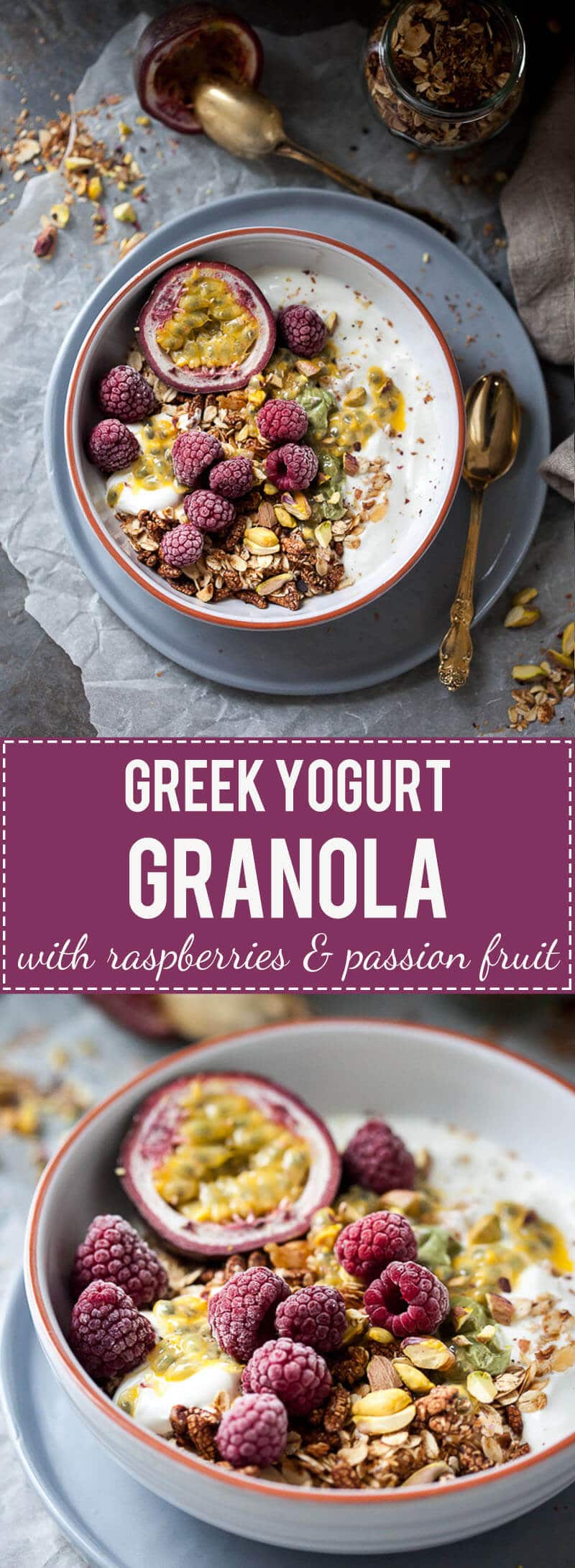 This Raspberry & Passion Fruit Greek Yogurt Granola is simply divine, plus it's fast & easy to make. Perfect breakfast choice!