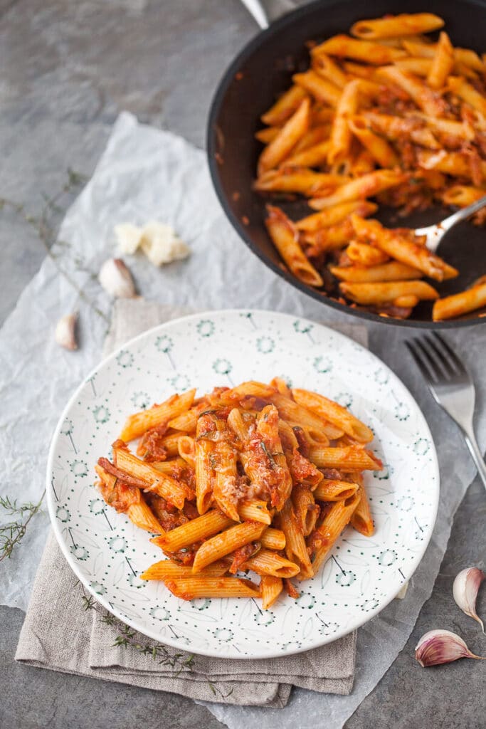 15-minutes Spicy Penne in Tomato Sauce with Salami - Vibrant plate