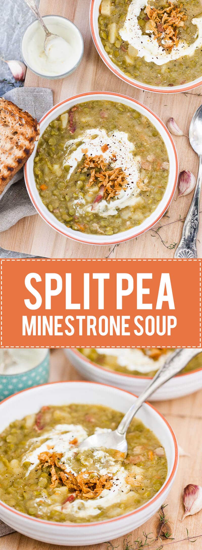 This Split Pea Minestrone is a rustic winter comfort food that will warm you up on a cold day. Skip bacon for a vegetarian option!