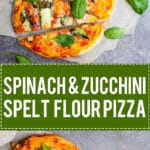 This delicious Spinach & Zucchini Spelt Flour Pizza is made with spelt flour, ham, zucchini and spinach for a healthier pizza option. | www.vibrantplate.com