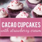 Surprise your loved one with these Easy Cacao Cupcakes with Strawberry Cream. Vegan base and a delicious strawberry cream! | www.vibrantplate.com