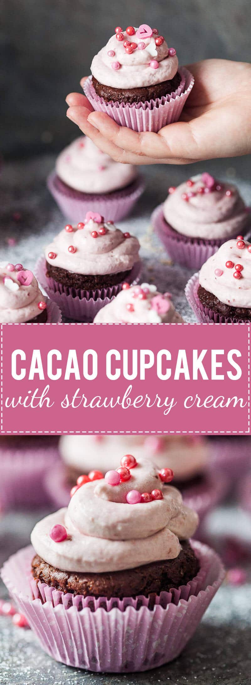 Surprise your loved one with these Easy Cacao Cupcakes with Strawberry Cream. Vegan base and a delicious strawberry cream!