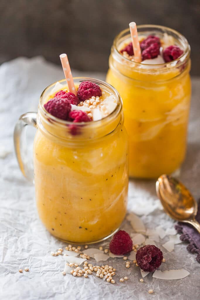 This lovely Pineapple Mango Smoothie is delicious, creamy and sugar-free! | www.vibrantplate.com