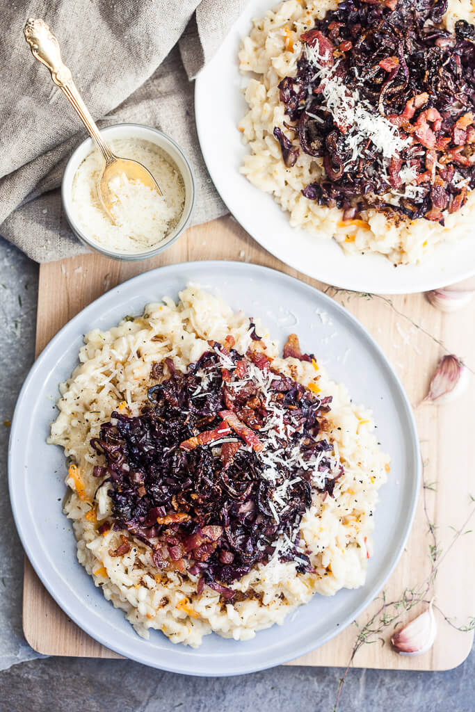 This Grilled Radicchio Risotto is a hearty dish that is ideal for a cold day when you crave stronger flavors. | www.vibrantplate.com