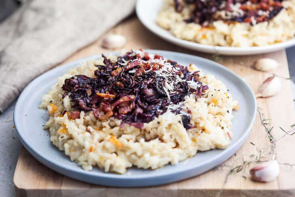 This Grilled Radicchio Risotto is a hearty dish that is ideal for a cold day when you crave stronger flavors. | www.vibrantplate.com