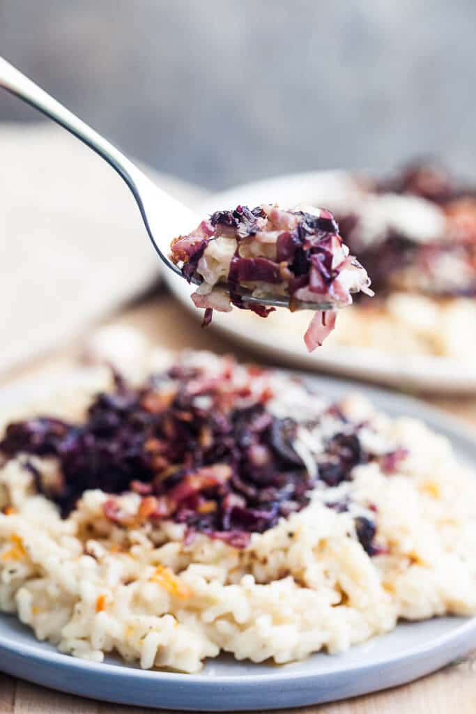 This Grilled Radicchio Risotto is a hearty dish that is ideal for a cold day when you crave stronger flavors. | www.vibrantplate.com