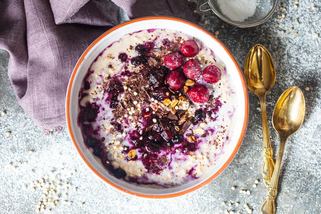 A lovely dish of Sour Cherry Overnight Oats is a great vegan breakfast! | www.vibrantplate.com