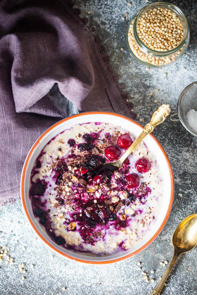 A lovely dish of Sour Cherry Overnight Oats is a great vegan breakfast! | www.vibrantplate.com