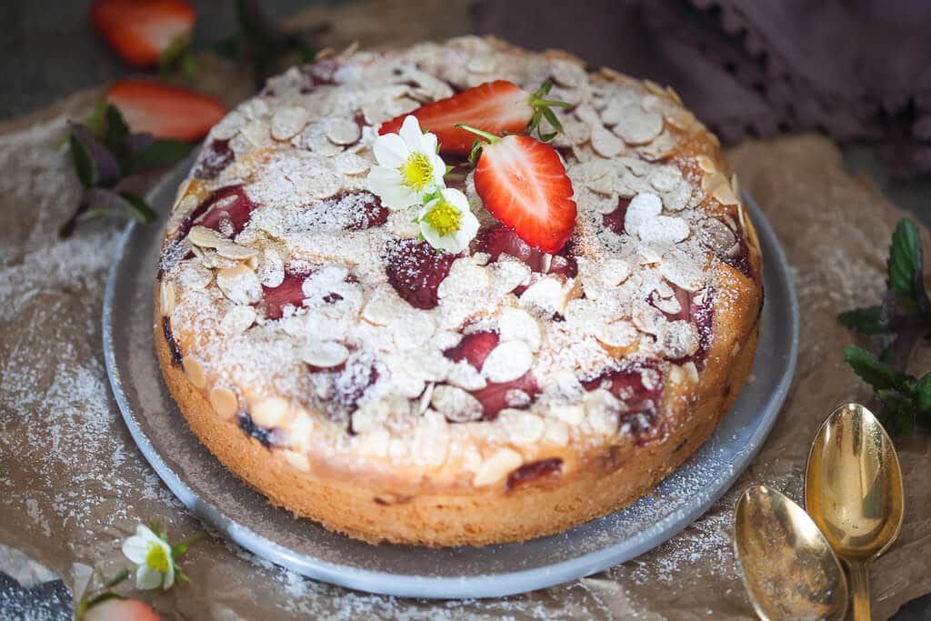 This Strawberry Yogurt Cake is fluffy, moist and dairy-free. A perfect Spring cake! | www.vibrantplate.com