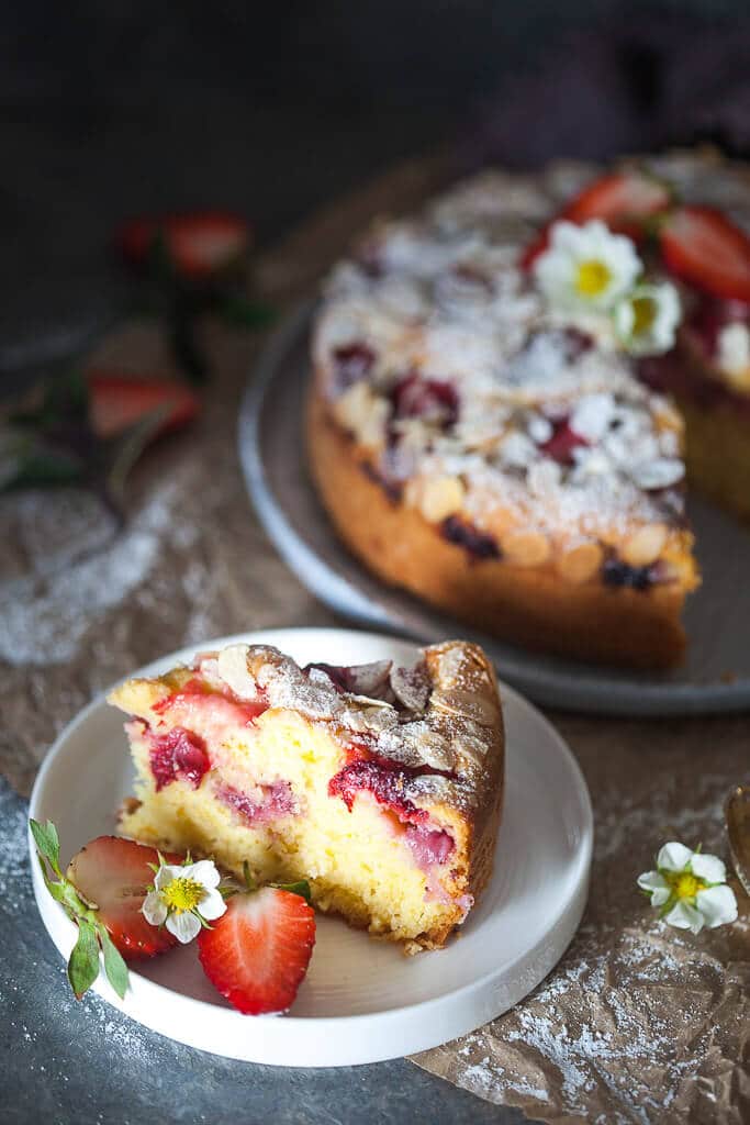 This Strawberry Yogurt Cake is fluffy, moist and dairy-free. A perfect Spring cake! | www.vibrantplate.com