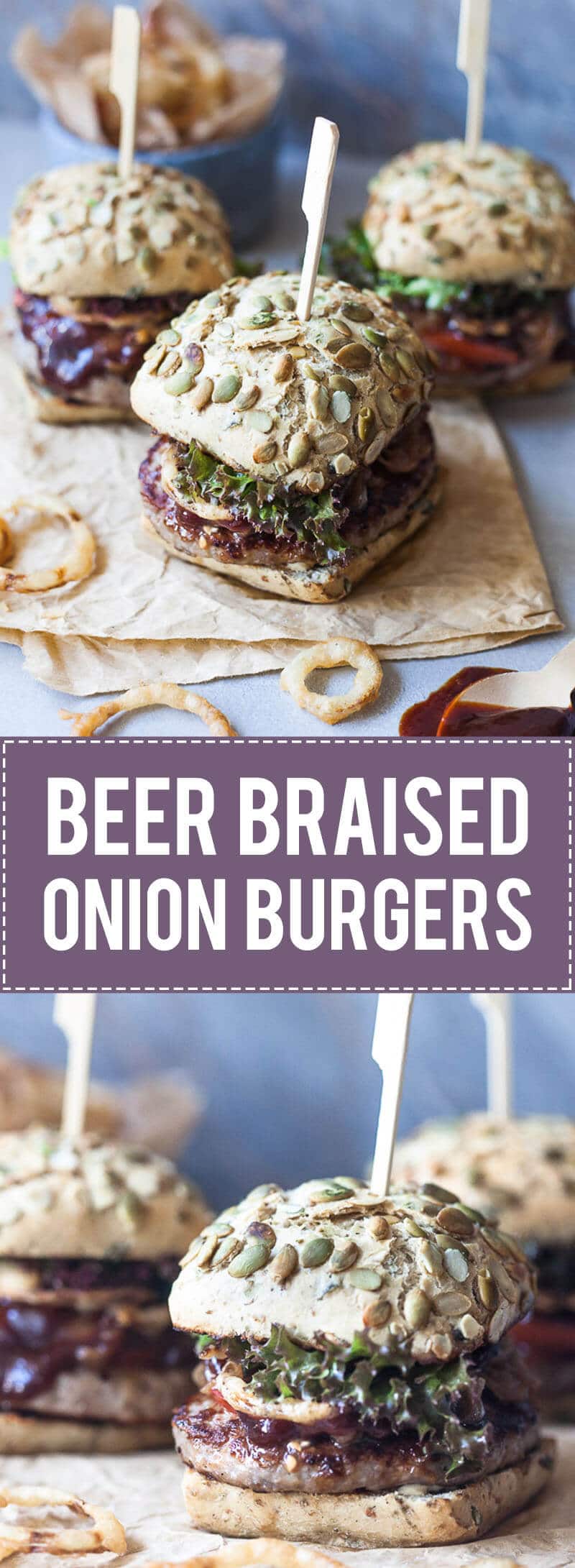 Beer Braised Onion Burgers are the perfect grill recipe! Topped with Crispy Onion Rings for extra crunch. | www.vibrantplate.com