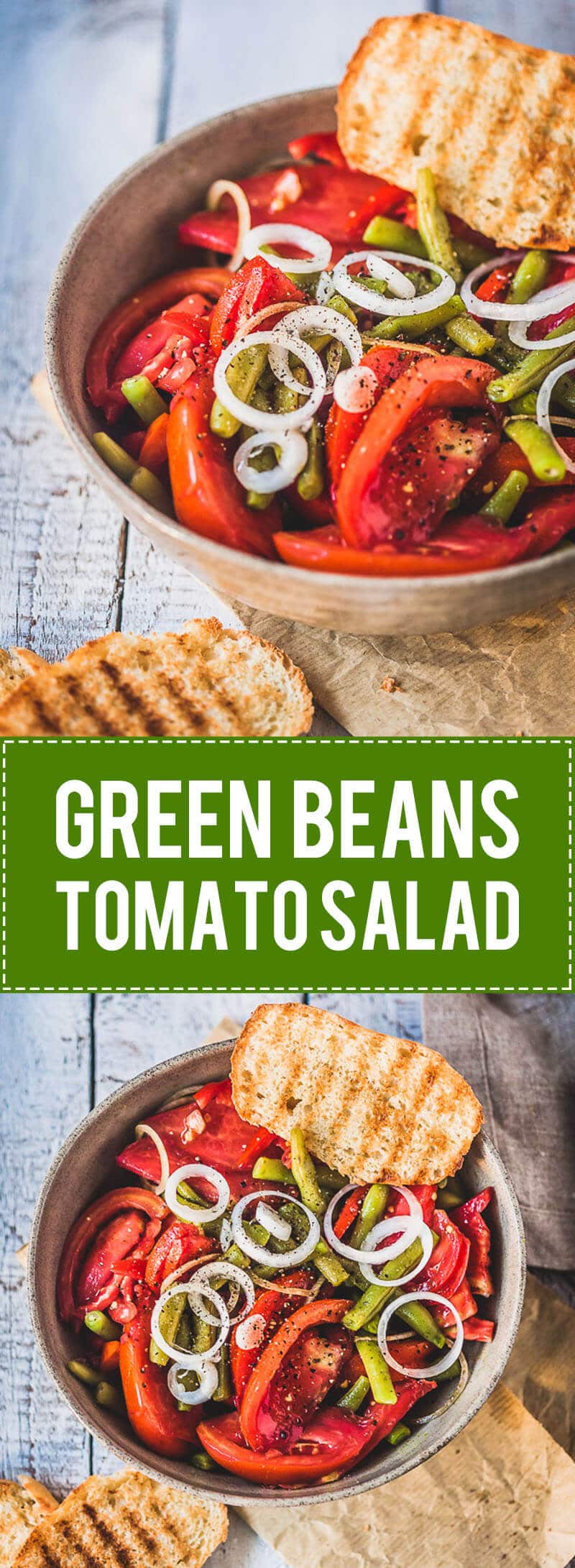 An Italian-inspired Green Beans Tomato Salad with white onions, garlic, and a simple balsamic vinaigrette. | www.vibrantplate.com