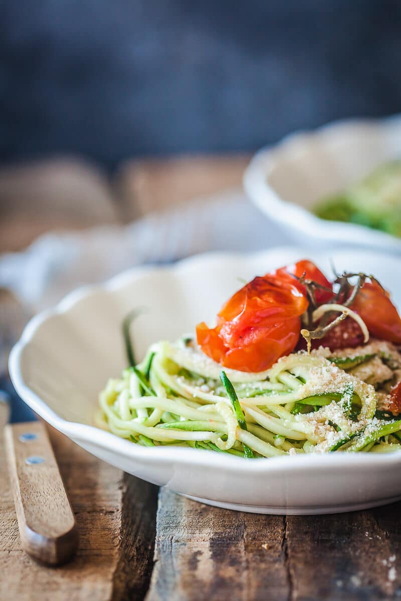 Cherry Tomato Zucchini Noodles are a light & delicious low-carb vegan meal with tons of flavor. | www.vibrantplate.com