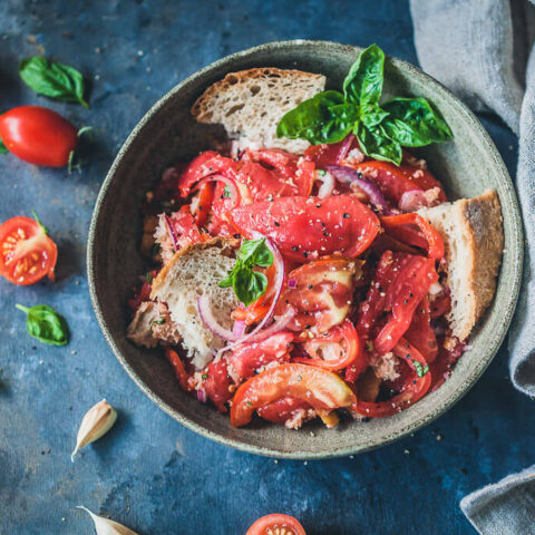 A delicious Bread and Tomato Salad, Panzanella is a great dish to use up stale bread and ripe tomatoes. | www.vibrantplate.com