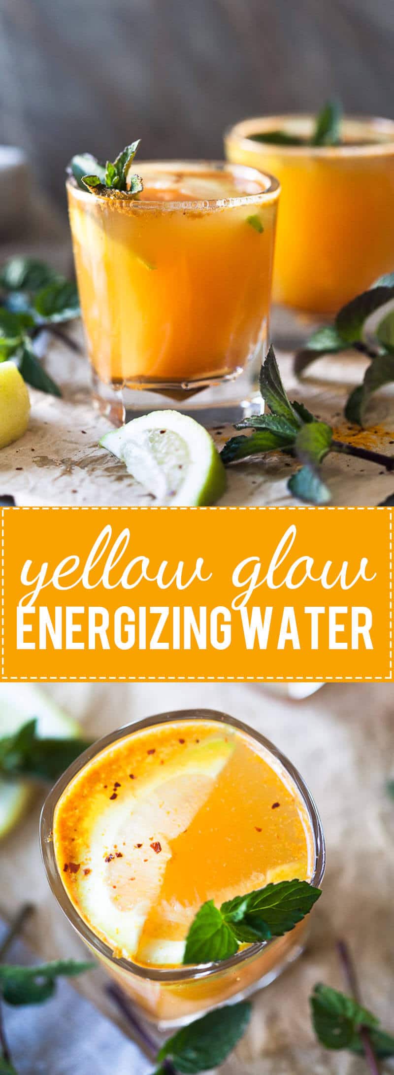 Yellow Glow Energizing Water with Turmeric, Ginger, Cinnamon, and Chili to help boost your immune system.