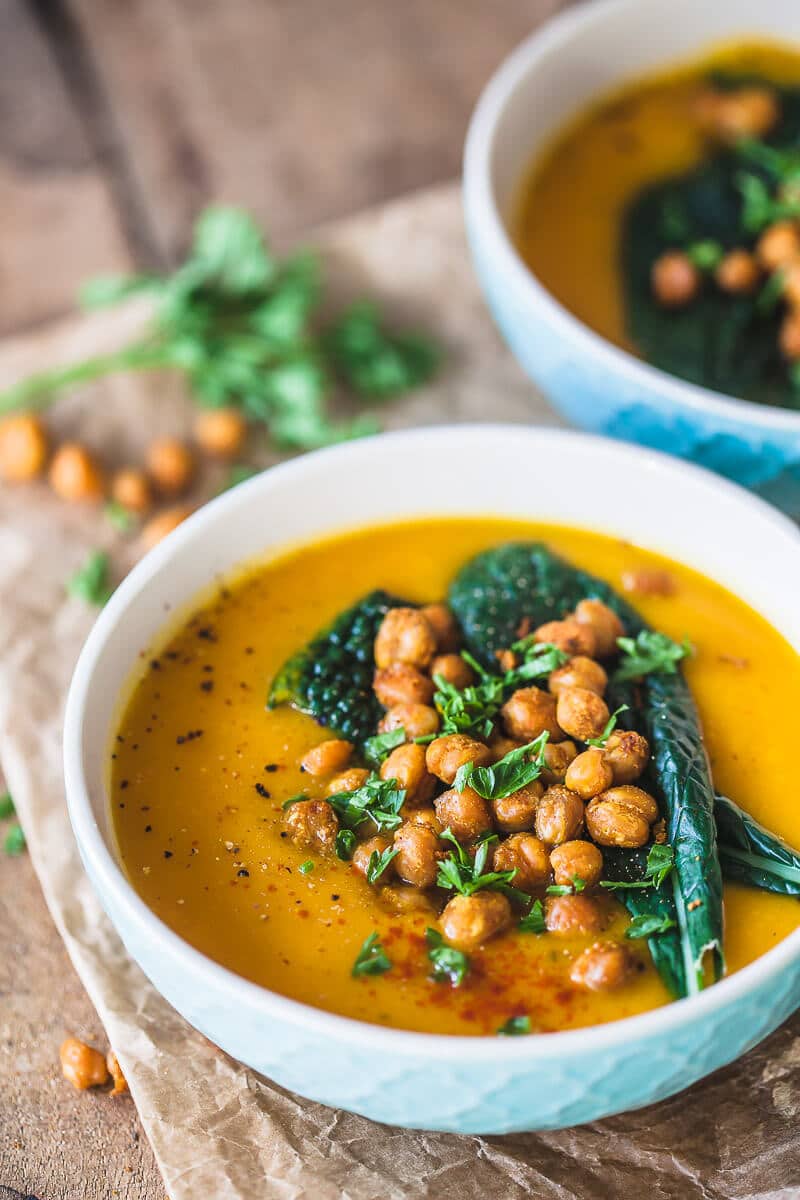 This Roasted Pumpkin Cream Soup Recipe is an easy winter soup, topped with Crispy Chickpeas. Vegan & Gluten-Free! | Vibrant Plate