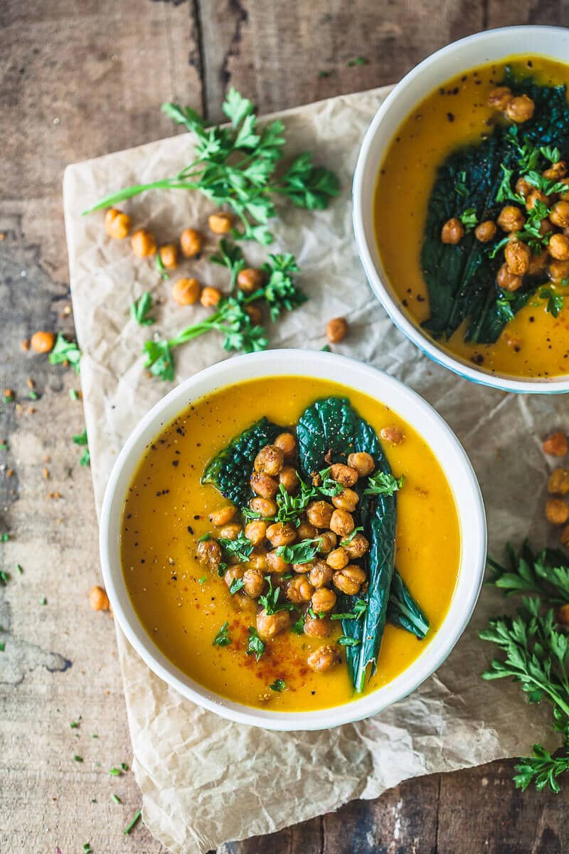 This Roasted Pumpkin Cream Soup Recipe is an easy winter soup, topped with Crispy Chickpeas. Vegan & Gluten-Free! | Vibrant Plate