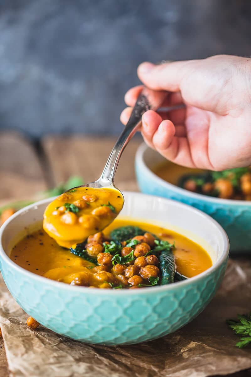 This Roasted Pumpkin Cream Soup Recipe is an easy winter soup, topped with Crispy Chickpeas. Vegan & Gluten-Free! | Vibrant Plate