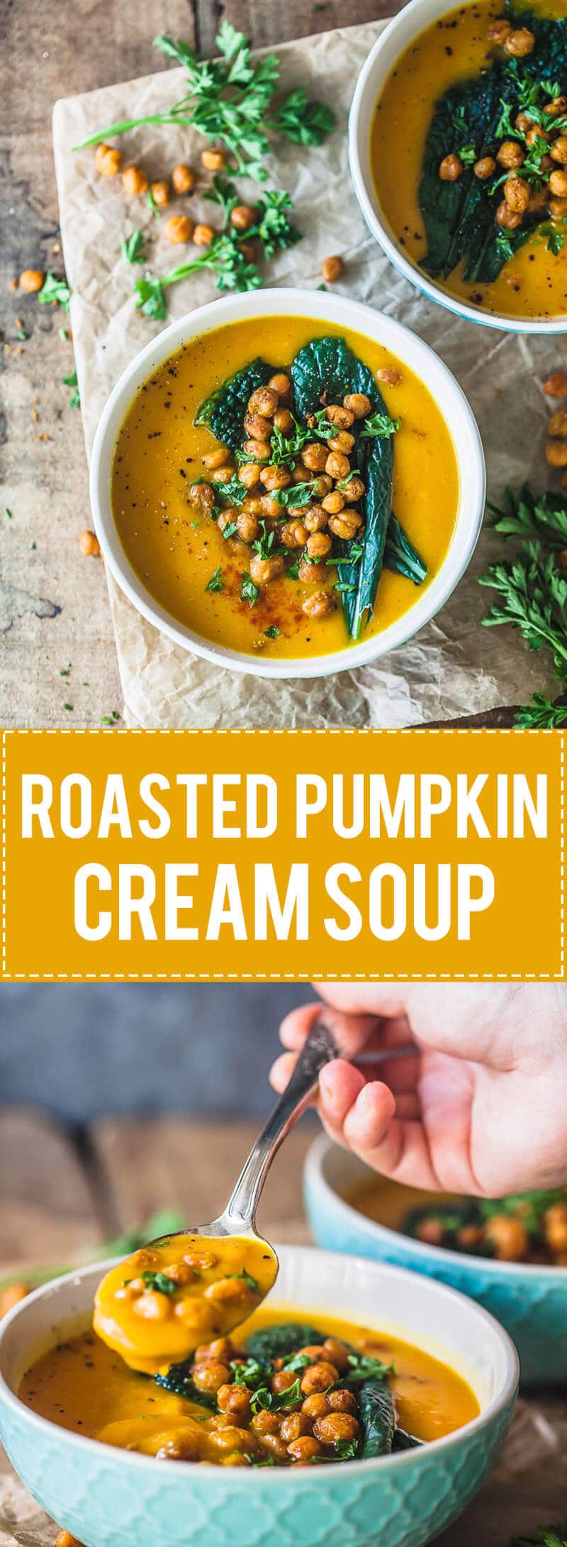 This Roasted Pumpkin Cream Soup Recipe is an easy winter soup, topped with Crispy Chickpeas. Vegan & Gluten-Free!