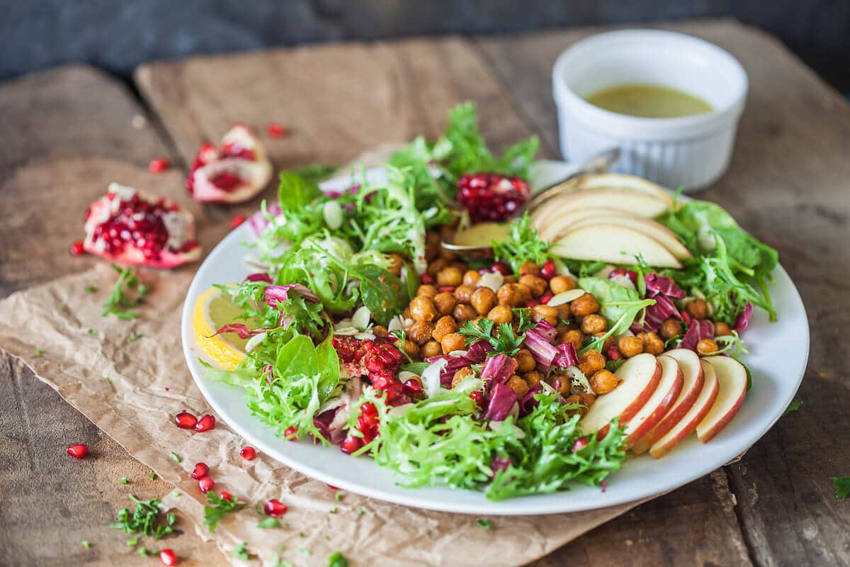 The Ultimate Fall Abundance Endive Salad is topped with Crispy Chickpeas, Apples & Mustard Vinaigrette. Vegan and Gluten-Free! | Vibrant Plate