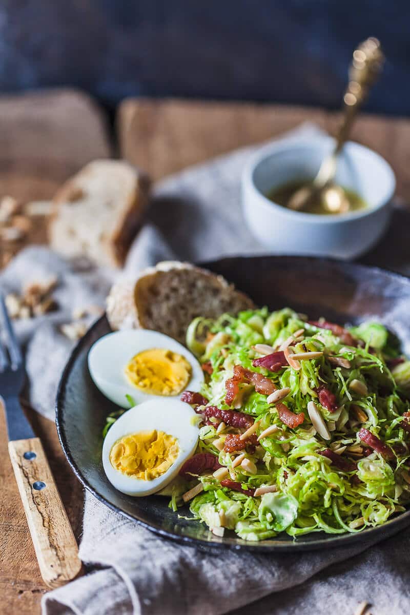 Not your standard salad, this Brussels Sprout Salad with Bacon and Eggs is a fresh take on the humble vegetable. | Vibrant Plate