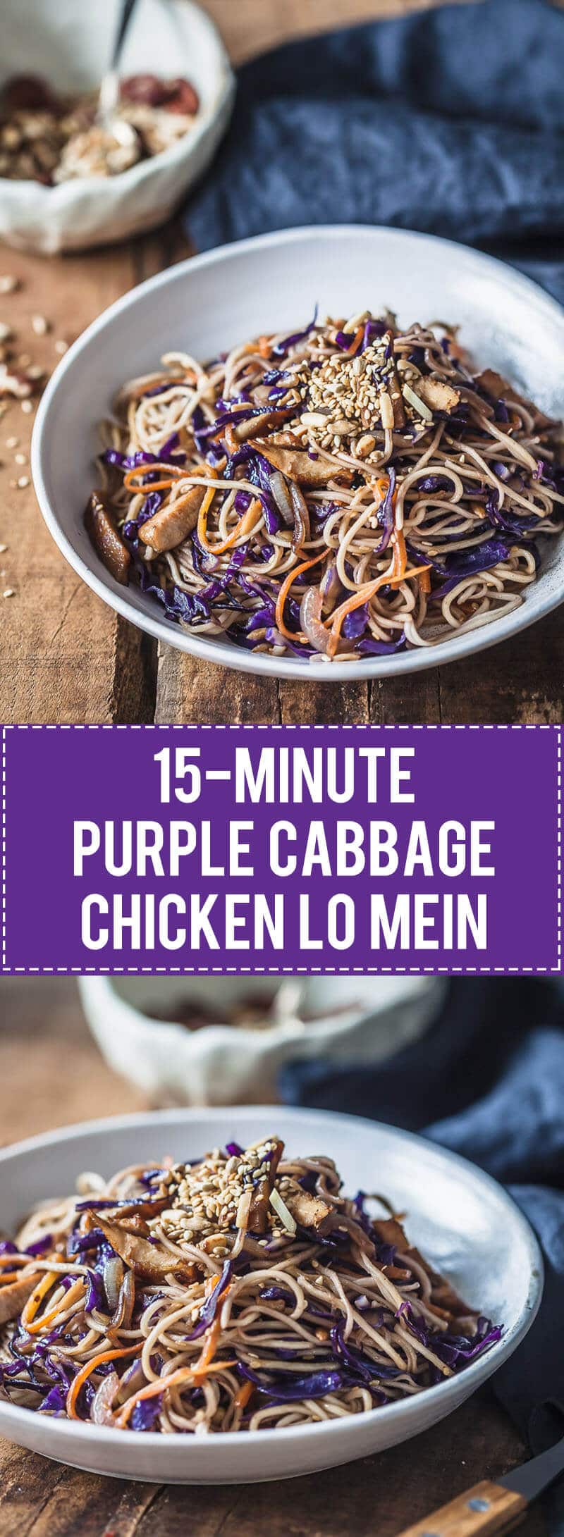 This Purple Cabbage Chicken Lo Mein is delicious and easy to make in just 15 minutes. Skip the takeout and make a healthier version right at home!