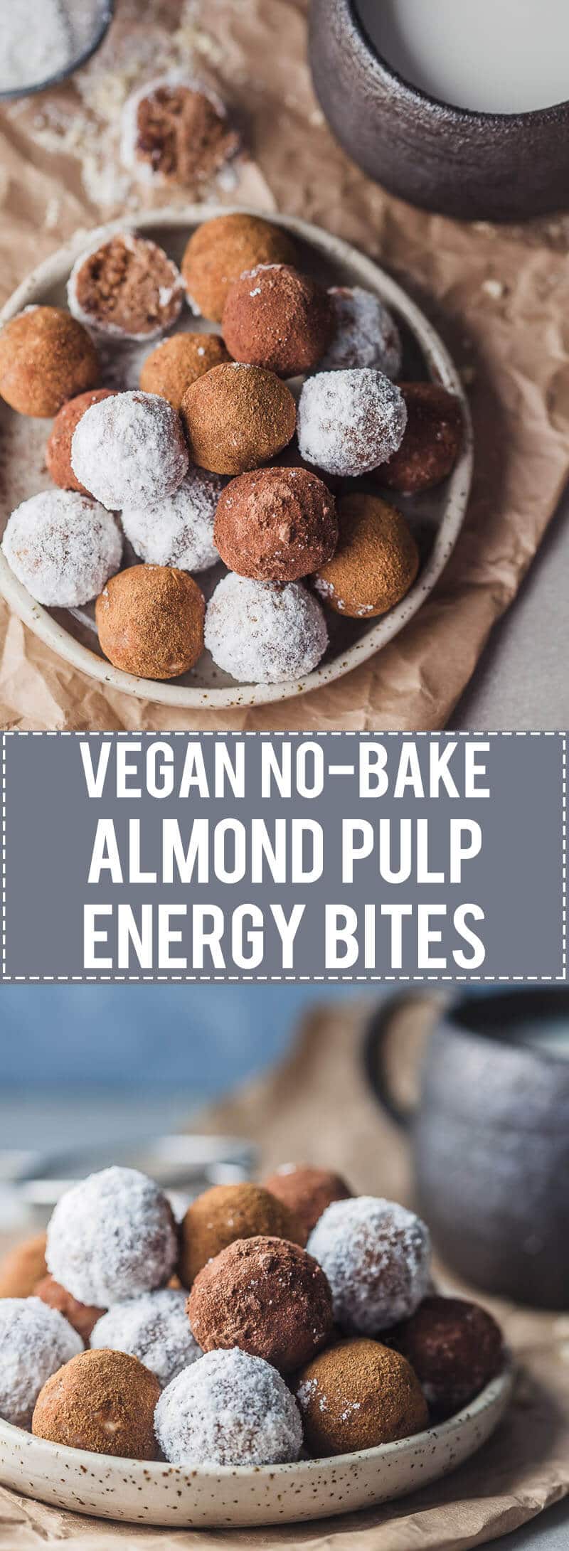 No-bake Almond Pulp Energy Bites are just perfect for using up leftover almonds from almond milk. Vegan & Gluten-Free!
