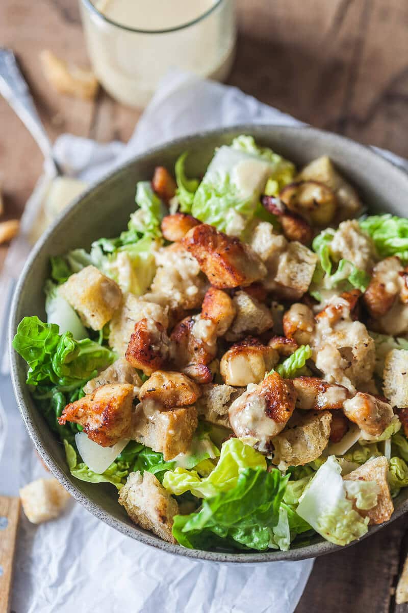 Easy Chicken Caesar Salad with Worry-Free Dressing is a lightened-up version that uses no eggs or anchovies. | Vibrant Plate