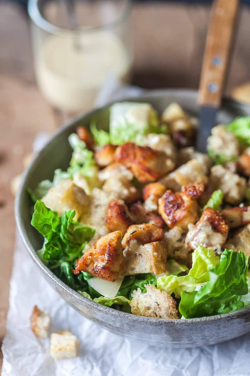 Easy Chicken Caesar Salad with Worry-Free Dressing is a lightened-up version that uses no eggs or anchovies. | Vibrant Plate