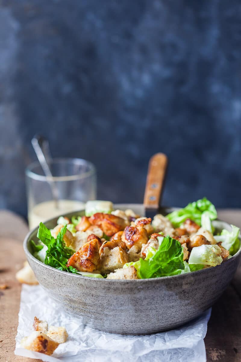 Easy Chicken Caesar Salad with Worry-Free Dressing is a lightened-up version that uses no eggs or anchovies. | Vibrant Plate