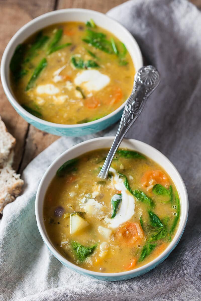 Creamy Lentil Soup is a hearty vegan one-pot soup with lentils, pumpkin and spinach. | Vibrant Plate