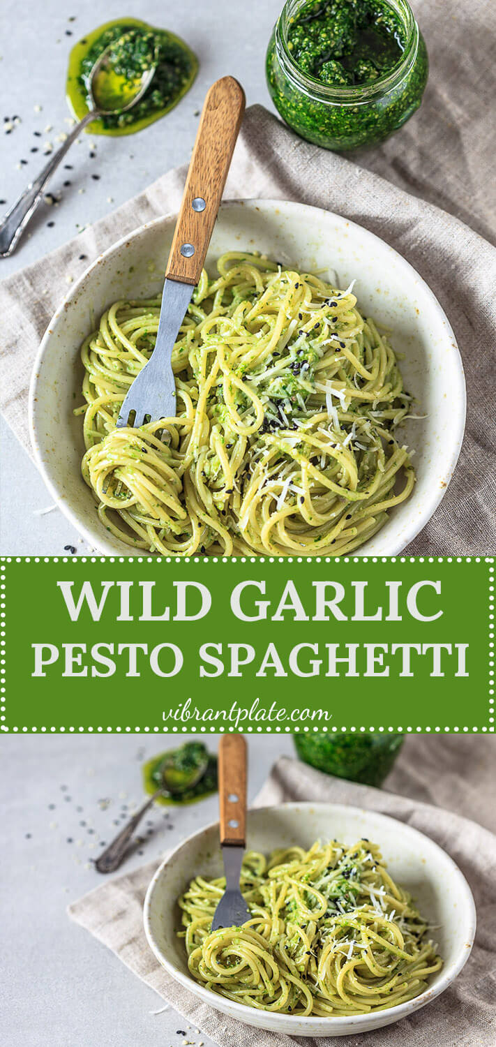 Wild Garlic Pesto Spaghetti {Vegan} - Vibrant plate